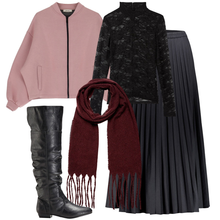 Outfit donna - Thursday style. Stile Trendy per Tutti i giorni. Abbinamento con stivali sopra il ginocchio, t-shirt, blazer, gonne lunghe, sciarpe.