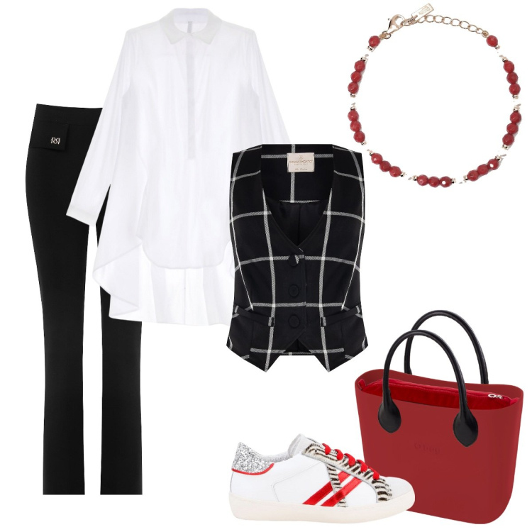 Outfit donna - Gilet a quadri. Stile Casual per Tutti i giorni. Abbinamento con braccialetti, gilet, pantaloni, sneakers, camicie, borse a spalla.