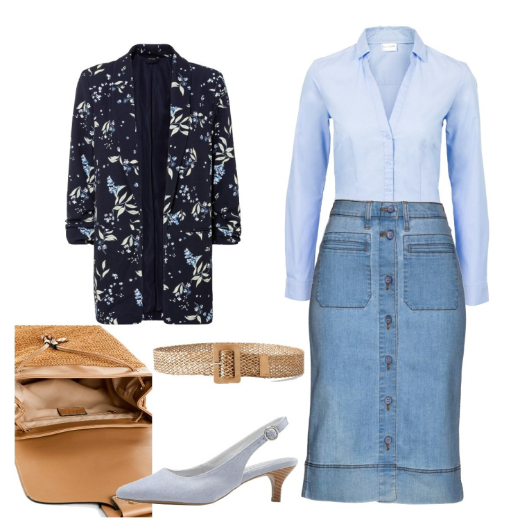 Outfit donna - Gonna e camicia. Stile Casual per Tutti i giorni. Abbinamento con camicie, gonne, blazer, décolleté, zaini, cinture.