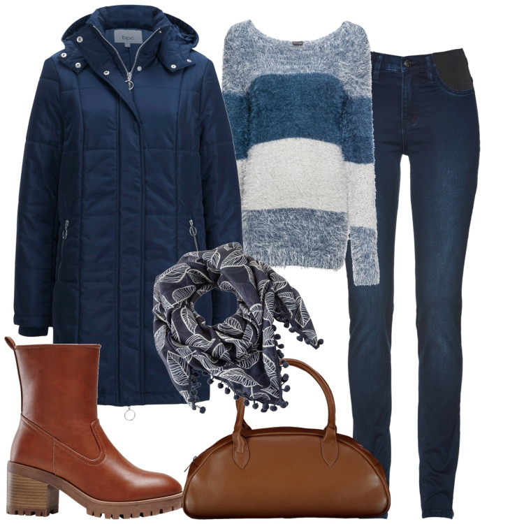 Outfit donna - Novembre. Stile Basic per Tutti i giorni. Abbinamento con stivaletti, jeans, maglieria, giacche, foulard, borse a spalla.