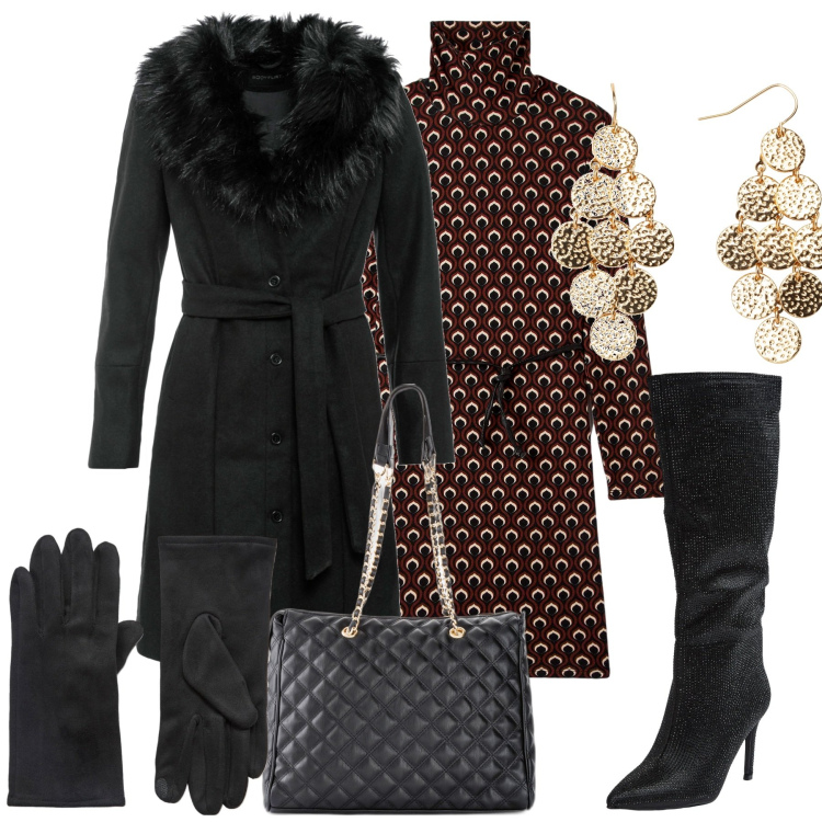 Outfit donna - Novembre. Stile Casual chic per Tutti i giorni. Abbinamento con shopping bag, cappotti, orecchini, stivali sopra il ginocchio, vestiti corti, guanti.