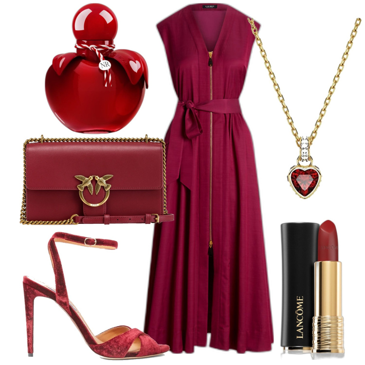 Outfit donna - Red. Stile Glamour per Serata fuori. Abbinamento con profumi, rossetti, borse a tracolla, sandali col tacco, vestiti, ciondoli.
