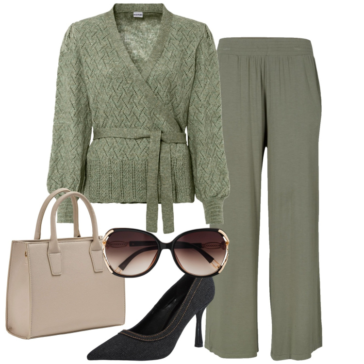 Outfit donna - In verde. Stile Bon Ton per Tutti i giorni. Abbinamento con maglieria, pantaloni, occhiali da sole, décolleté, shopping bag.