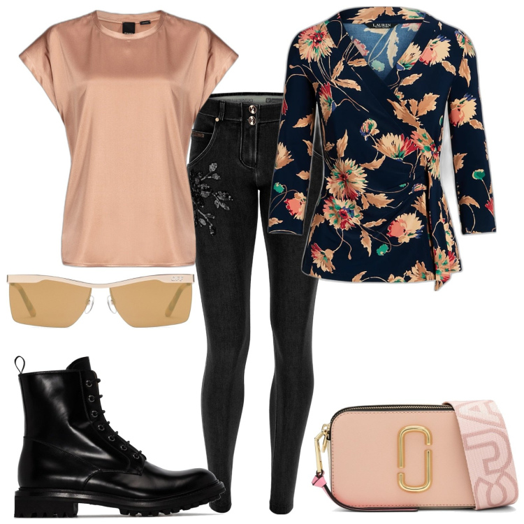 Outfit donna - Total look #1770032. Stile Casual chic per Tutti i giorni. Abbinamento con bluse, jeans skinny, top, borse a tracolla, stivaletti, occhiali da sole.