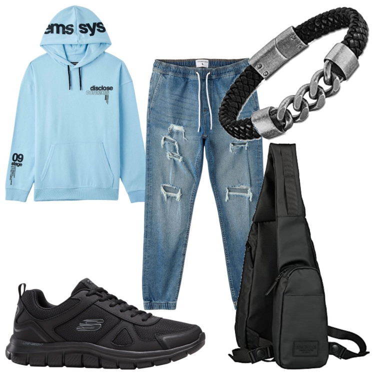 Outfit uomo - Total look #1770040. Stile Urban per Tutti i giorni. Abbinamento con sneakers, felpe con cappuccio, jeans strappati, braccialetti, borse sportive.