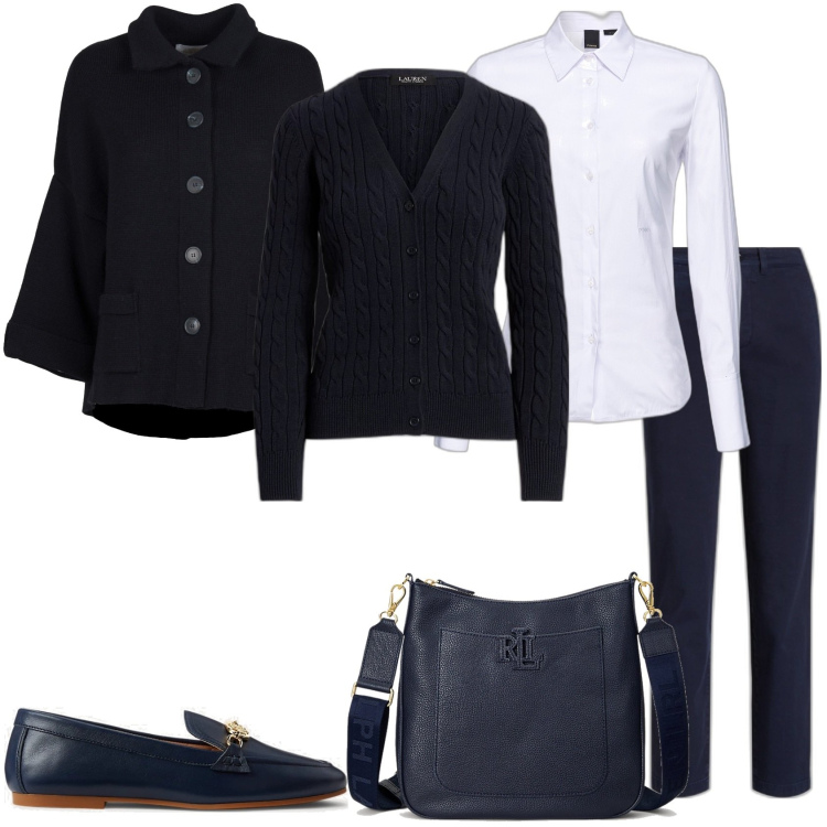 Outfit donna - In stile classico. Stile Glamour per Tutti i giorni. Abbinamento con camicie, pantaloni corti, mocassini, borse a tracolla, cardigans, blazer.