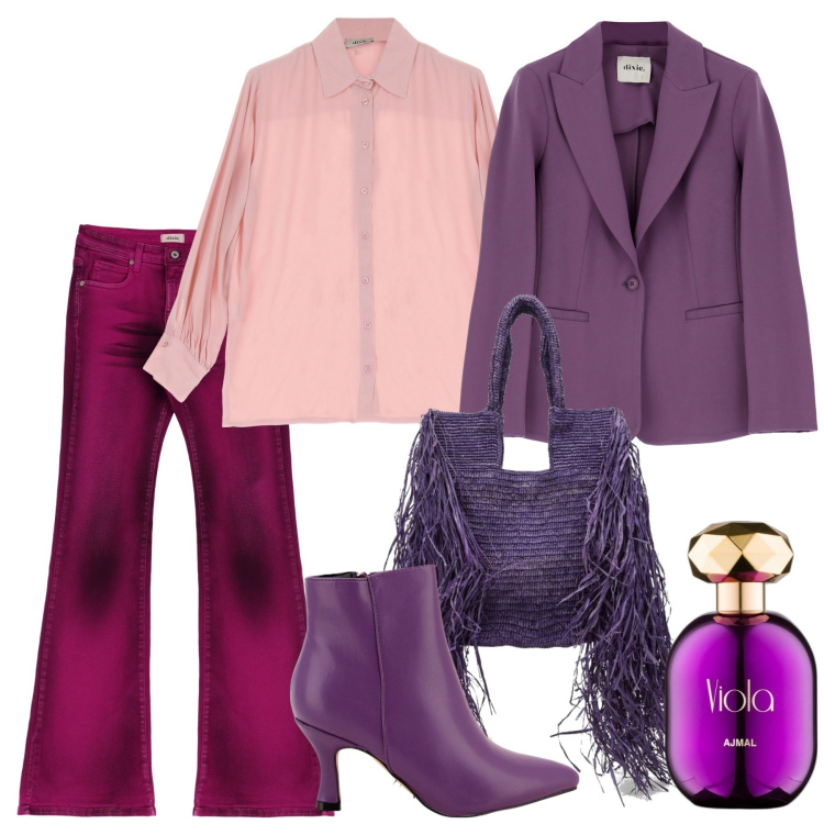Outfit donna - Magic purple. Stile Chic per Serata fuori. Abbinamento con profumi, stivaletti, pantaloni, cappotti, camicie, borse a spalla.
