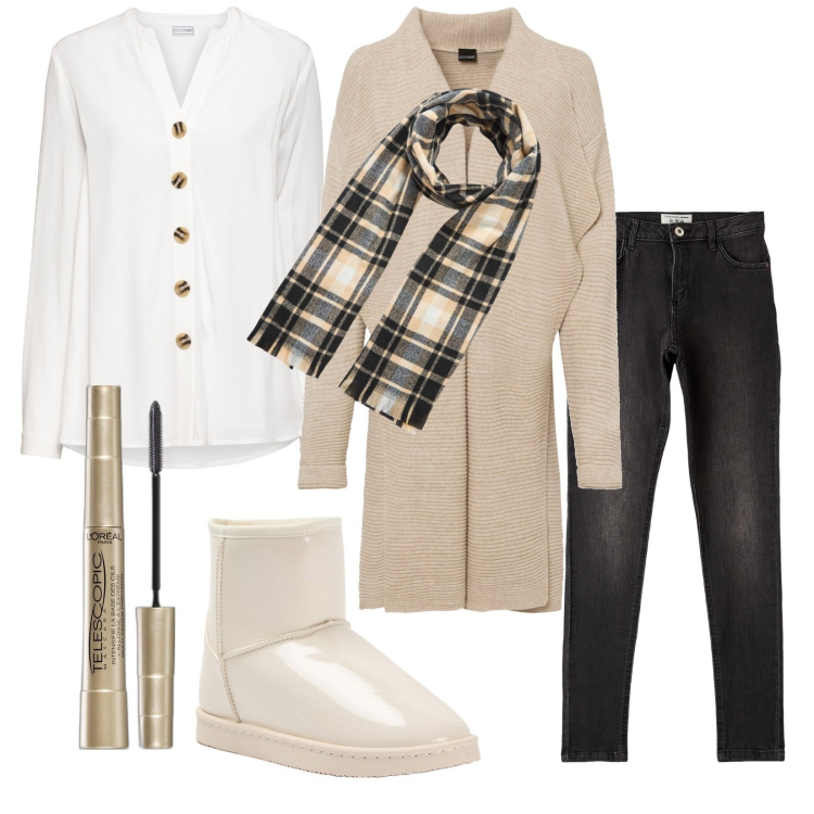 Outfit donna - Total look #1770072. Stile Casual chic per Tutti i giorni. Abbinamento con camicie, cardigans, mascara, jeans, stivaletti, sciarpe.