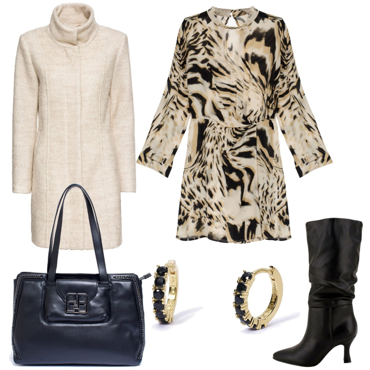 Outfit donna - Cappottino in bouclé. Stile Chic per Serata fuori. Abbinamento con cappotti, orecchini, borse a mano, vestiti corti, stivali.