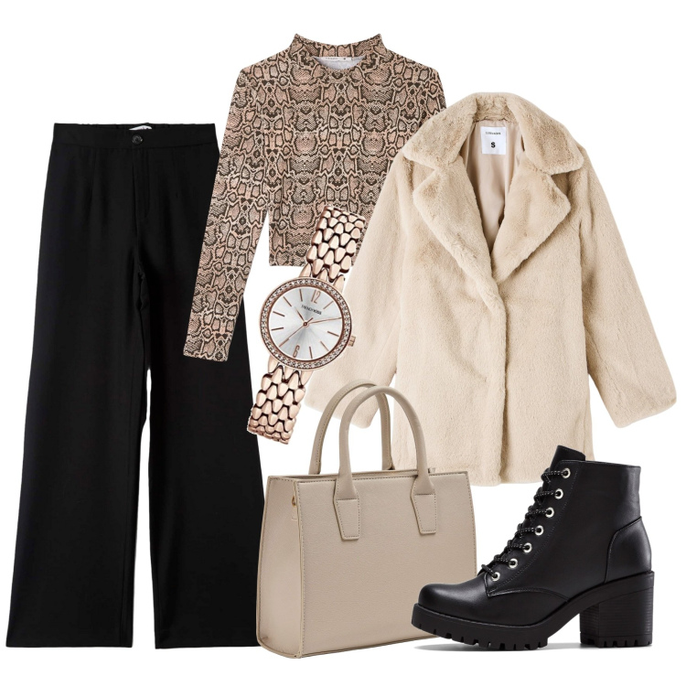 Outfit donna - Il top animalier di Terranova. Stile Trendy per Serata fuori. Abbinamento con stivaletti, t-shirt, pantaloni, ecopellicce, shopping bag, orologi analogici.