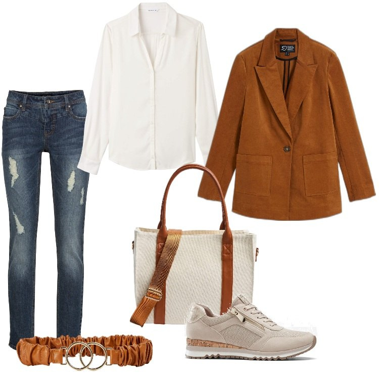 Outfit donna - Black Week - Novembre. Stile Urban per Tutti i giorni. Abbinamento con sneakers, blazer, jeans strappati, camicie, cinture, shopping bag.