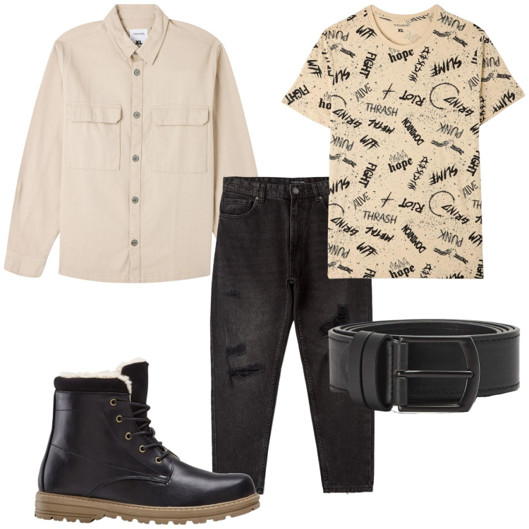 Outfit uomo - Total look #1770108. Stile Urban per Tutti i giorni. Abbinamento con stivali e stivaletti, camicie, cinture, jeans strappati, t-shirt.