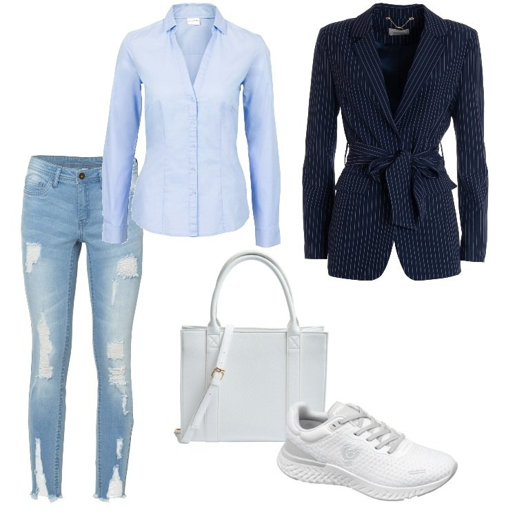 Outfit donna - Black Week - Novembre. Stile Sporty chic per Tutti i giorni. Abbinamento con camicie, jeans strappati, shopping bag, blazer, sneakers.