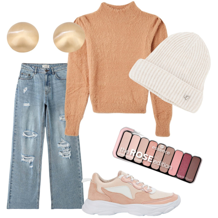 Outfit donna - Total look #1770113. Stile Urban per Tutti i giorni. Abbinamento con ombretti, sneakers, maglieria, jeans strappati, berretti, orecchini.