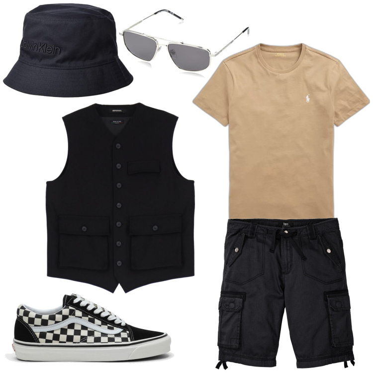 Outfit uomo - Gilet 2.0. Stile Urban per Tutti i giorni. Abbinamento con bermuda, gilet, t-shirt, sneakers, cappelli, occhiali da sole.