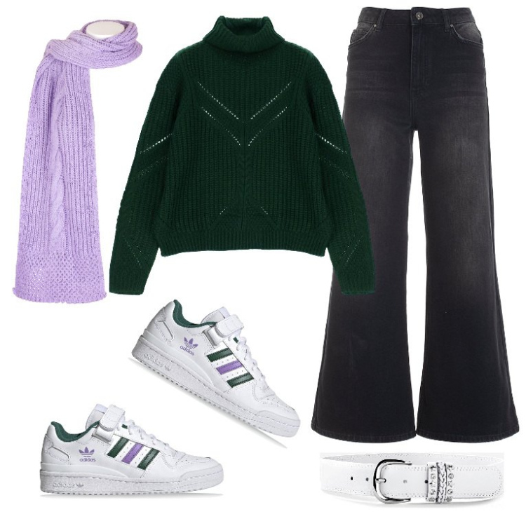 Outfit donna - Vado al negozio sotto casa. Stile Basic per Tutti i giorni. Abbinamento con cinture, maglieria, jeans, sciarpe, sneakers.