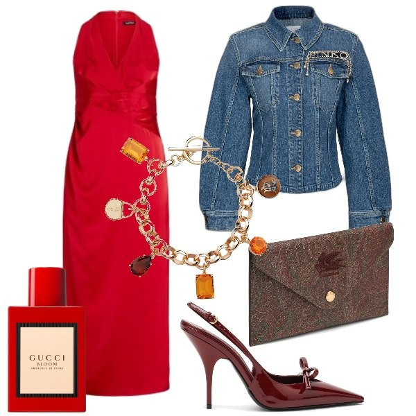 Outfit donna - Curvy in festa. Stile Sexy per Serata fuori. Abbinamento con profumi, blazer, braccialetti con ciondoli, vestiti, scarpe col tacco, pochette.