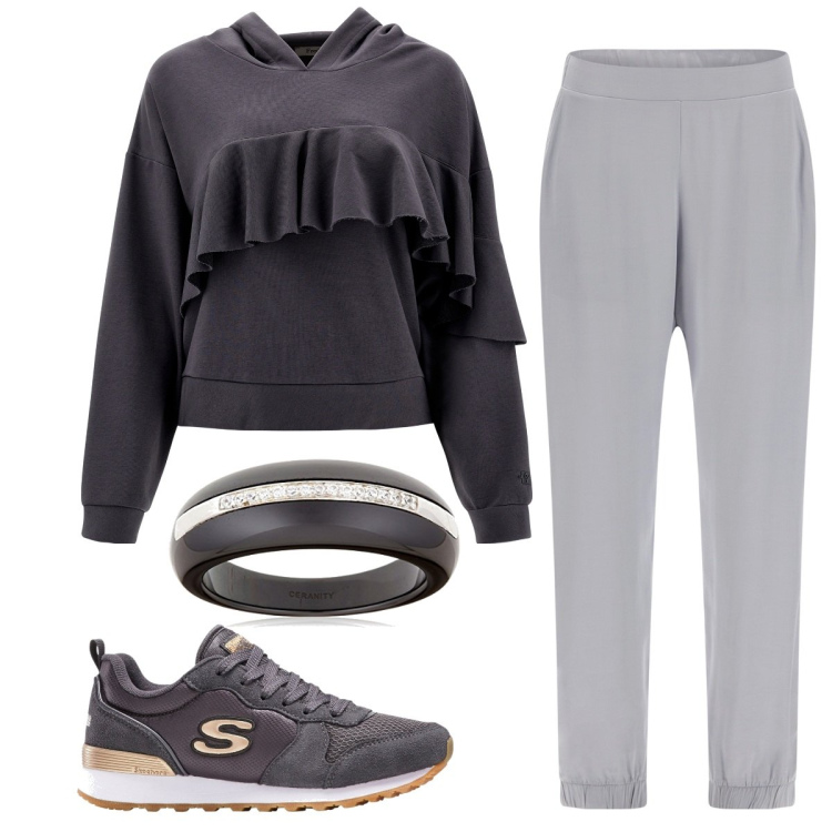 Outfit donna - Total look #1770125. Stile Casual per Tutti i giorni. Abbinamento con sneakers, felpe con cappuccio, pantaloni, anelli.