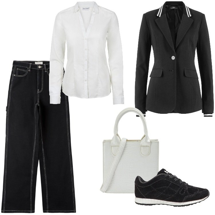 Outfit donna - Black week - Novembre. Stile Urban per Ufficio. Abbinamento con blazer, camicie, sneakers alte, pantaloni, shopping bag.