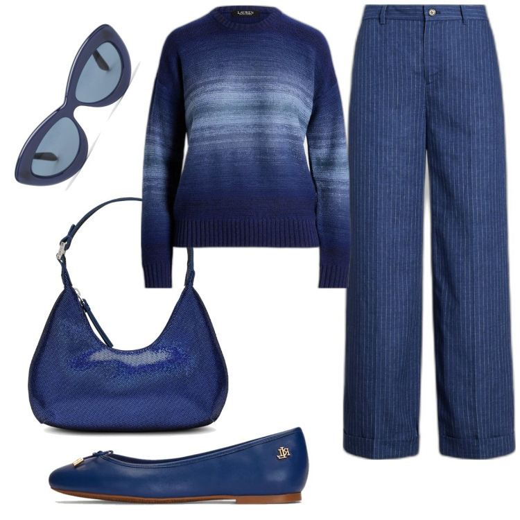 Outfit donna - Blu. Stile Basic per Ufficio. Abbinamento con ballerine, pantaloni, maglieria, occhiali da sole, borse a spalla.
