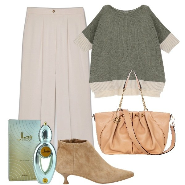 Outfit donna - Comodamente curvy. Stile Bon Ton per Ufficio. Abbinamento con profumi, maglieria, stivaletti, borse a spalla, pantaloni a palazzo.
