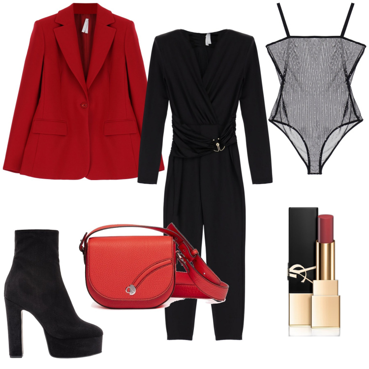 Outfit donna - Rosso passione. Stile Bon Ton per Serata fuori. Abbinamento con rossetti, stivaletti, tute, cappotti, body, borse a tracolla.