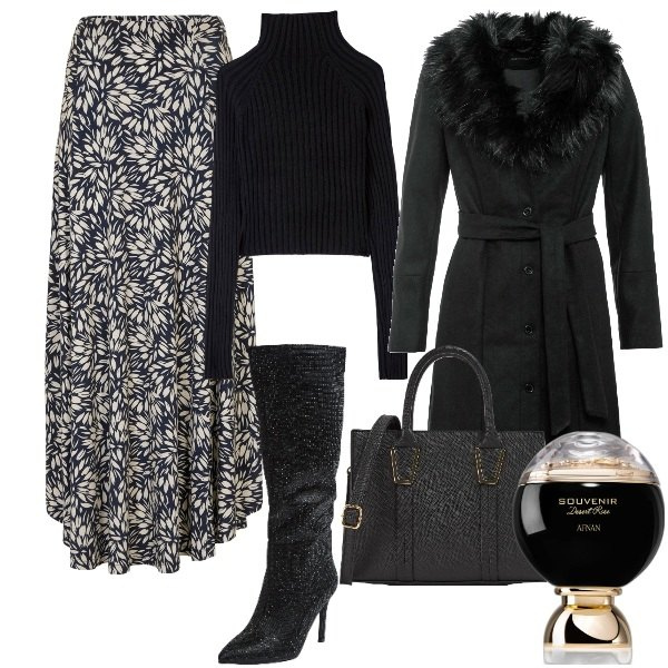 Outfit donna - Il signor cappotto. Stile Bon Ton per Ufficio. Abbinamento con cappotti, gonne, profumi, maglieria, stivali sopra il ginocchio, shopping bag.