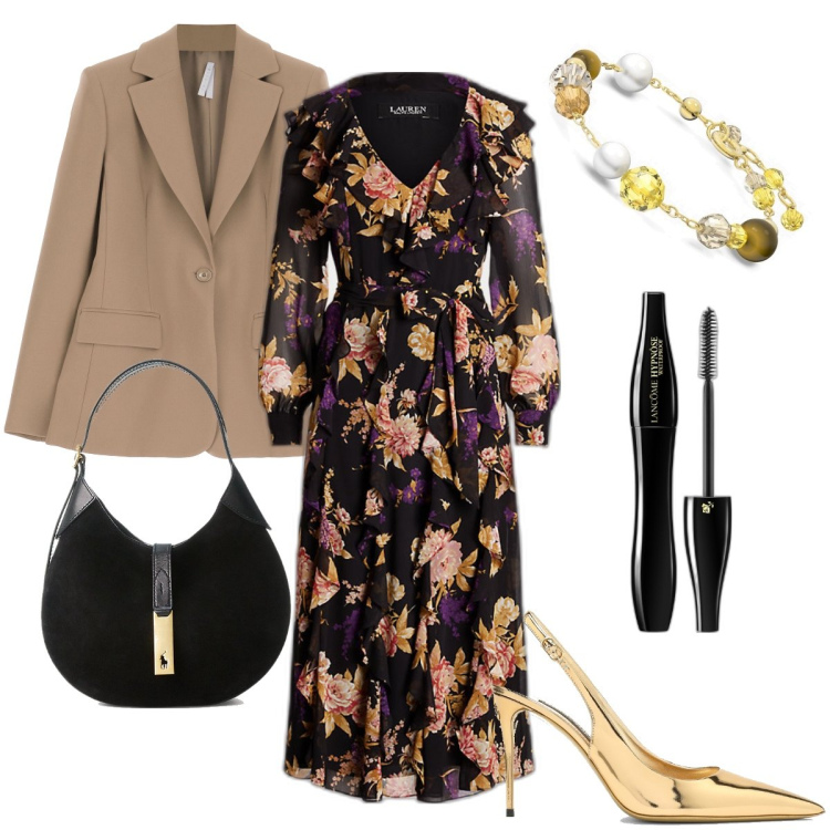 Outfit donna - Fiori per la sera. Stile Chic per Cerimonia. Abbinamento con mascara, blazer, vestiti, borse a spalla, scarpe col tacco, braccialetti.