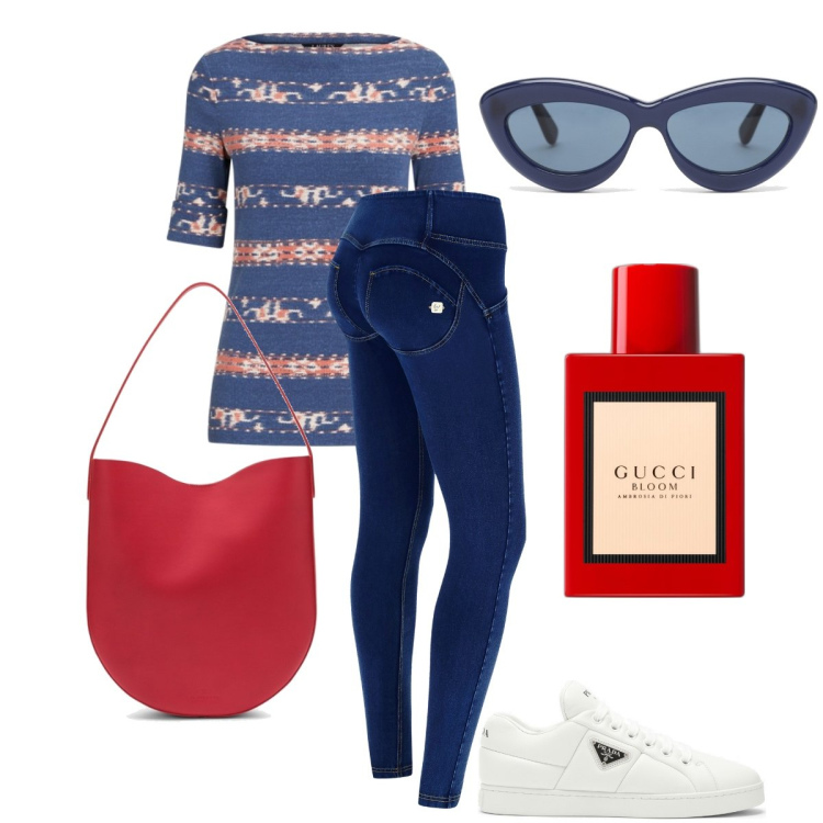 Outfit donna - Casual con un tocco di rosso. Stile Casual per Tutti i giorni. Abbinamento con profumi, jeggings, t-shirt, valigie, sneakers, occhiali da sole.
