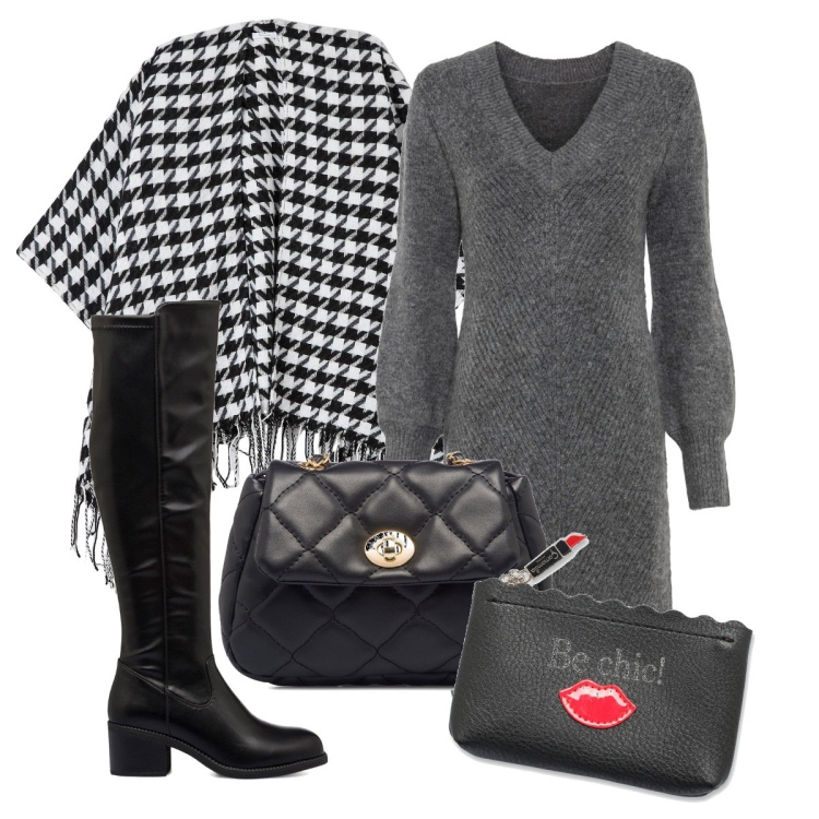 Outfit donna - Oversize be chic. Stile Casual chic per Ufficio. Abbinamento con vestiti, cappe, stivali, borse a tracolla, portamonete.