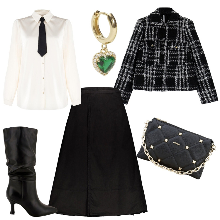 Outfit donna - Bon ton a cena da amici. Stile Bon Ton per Serata fuori. Abbinamento con orecchini, camicie, blazer, pochette, stivali, gonne lunghe.