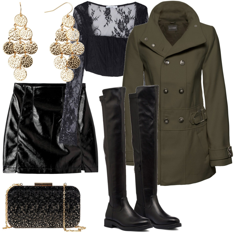 Outfit donna - Glamour un po\' Kitsch. Stile Glamour per Serata fuori. Abbinamento con cappotti, orecchini, minigonne, t-shirt, clutch, stivali sopra il ginocchio.