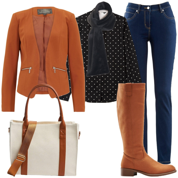 Outfit donna - Total look #1770261. Stile Casual per Tutti i giorni. Abbinamento con jeans dritti, stivali, blazer, camicie, shopping bag, foulard.