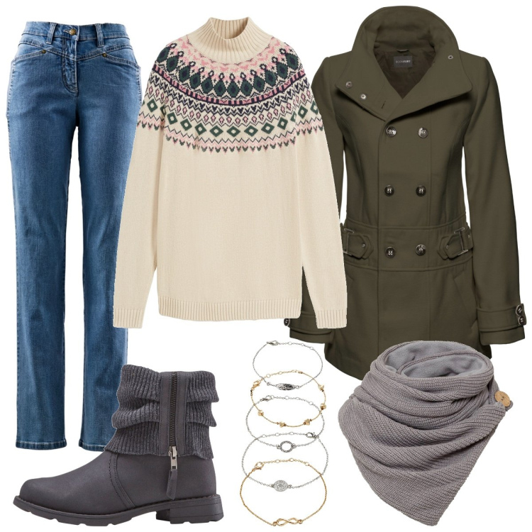 Outfit donna - Bosco in città. Stile Casual per Tutti i giorni. Abbinamento con foulard, stivaletti, braccialetti con ciondoli, cappotti, maglieria, pantaloni.