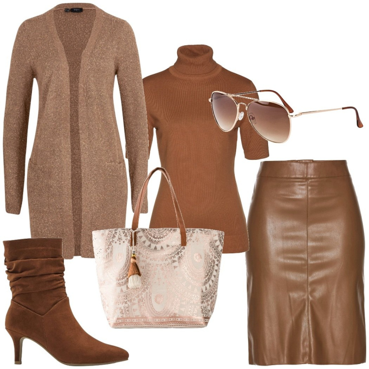 Outfit donna - Gonna in pelle. Stile Glamour per Tutti i giorni. Abbinamento con gonne longuette, maglieria, occhiali da sole, cardigans, stivaletti, shopping bag.