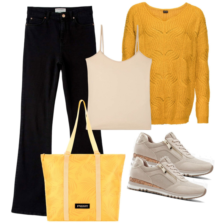 Outfit donna - Black and Yellow. Stile Basic per Tutti i giorni. Abbinamento con sneakers, maglieria, jeans a zampa, top, borse tote.