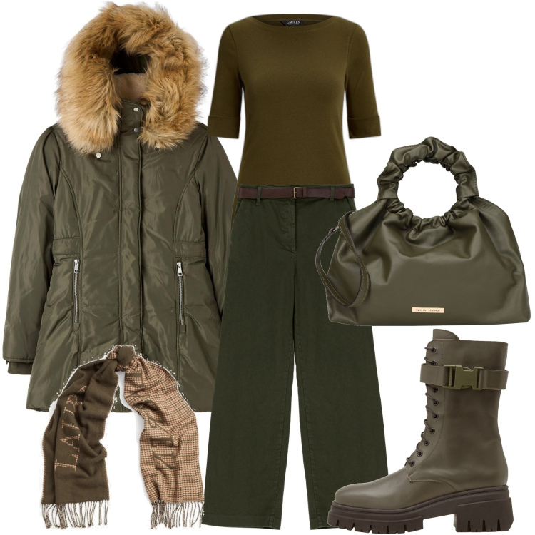 Outfit donna - Military. Stile Military per Tutti i giorni. Abbinamento con borse a mano, anfibi, parka, pantaloni a palazzo, t-shirt, sciarpe.