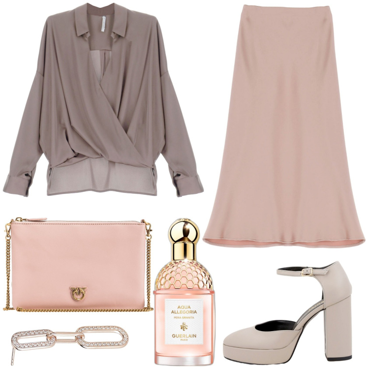 Outfit donna - Sofisticata in rosa. Stile Bon Ton per Serata fuori. Abbinamento con profumi, orecchini, borse a tracolla, camicie, gonne longuette, décolleté.