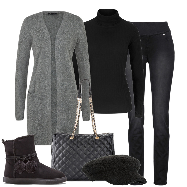 Outfit donna - Total look #1770297. Stile Basic per Tutti i giorni. Abbinamento con maglieria, jeans dritti, shopping bag, cardigans, cappelli con visiera, stivaletti.