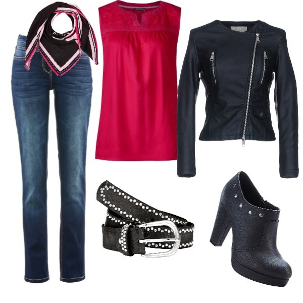 Outfit donna - Pink Rock. Stile Rock per Serata fuori. Abbinamento con jeans dritti, tronchetti con borchie e zip nero, cinture, giubbotto collo tondo a maniche lunghe con zip interno sfoderato in pelle sintetica tinta unita, scialle taglia unica nero, canottiera rosa.