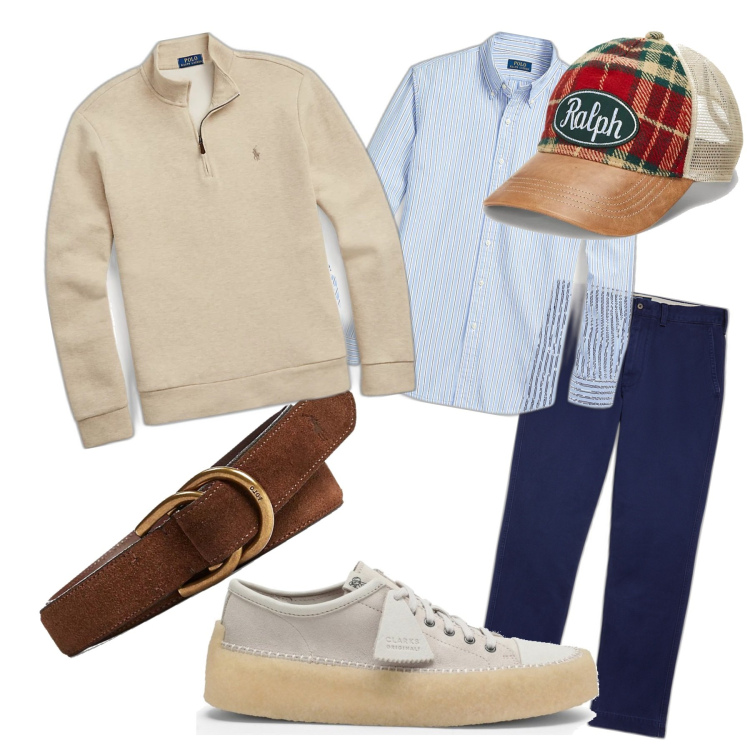 Outfit uomo - In ufficio. Stile Casual per Tutti i giorni. Abbinamento con camicie, pullovers, pantaloni chino, cinture, cappelli con visiera, scarpe stringate.