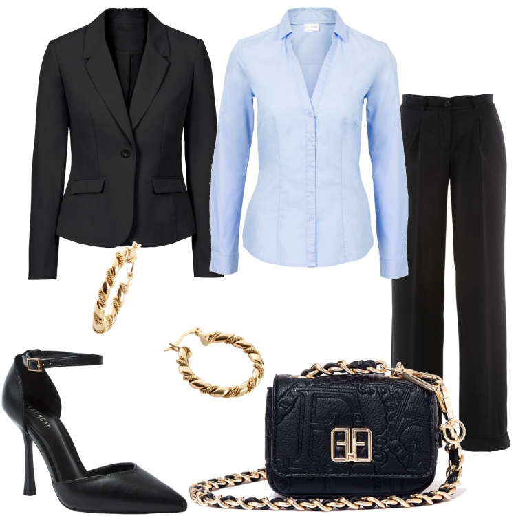 Outfit donna - Una serata glamour. Stile Glamour per Serata fuori. Abbinamento con pantaloni, camicie, blazer, orecchini, décolleté, marsupi.