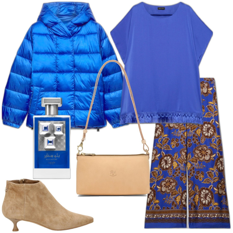 Outfit donna - Total look #1770327. Stile Casual chic per Tutti i giorni. Abbinamento con profumi, stivaletti, bluse, piumini, pantaloni, borse a spalla.