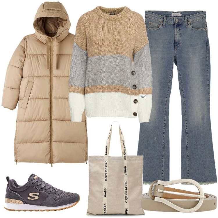 Outfit donna - Sempre di corsa. Stile Casual per Tutti i giorni. Abbinamento con maglieria, sneakers, piumini, jeans dritti, cinture, borse tote.