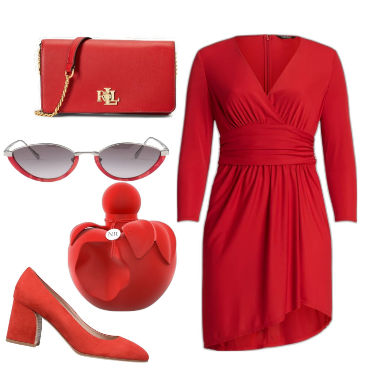 Outfit donna - Red & chic. Stile Chic per Serata fuori. Abbinamento con décolleté, occhiali da sole, profumi, borse a mano, vestiti asimmetrici.