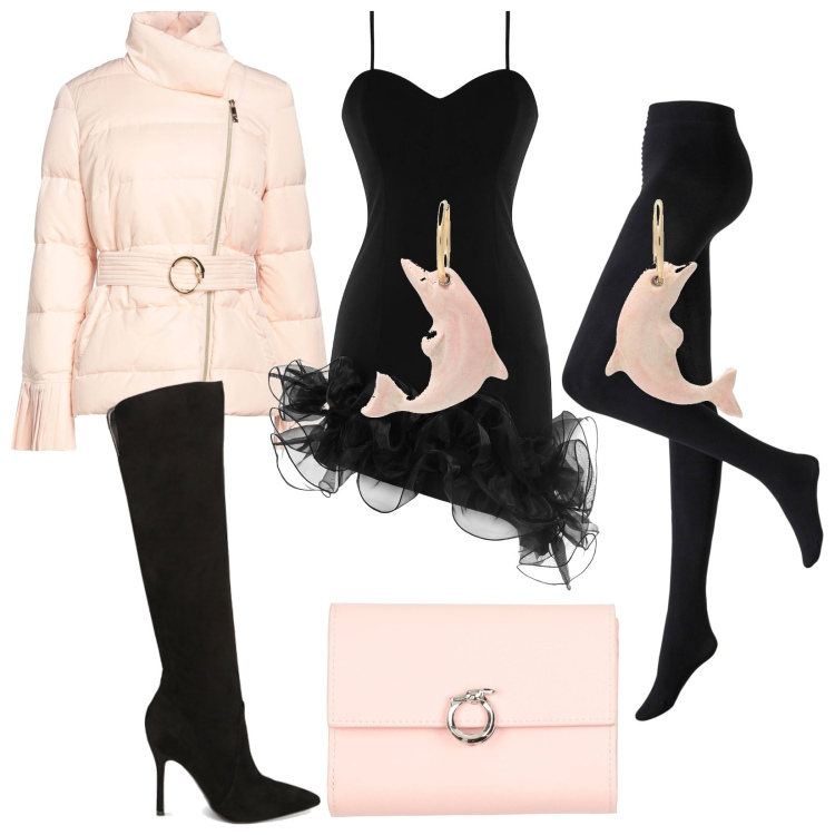 Outfit donna - Wondering. Stile Glamour per Serata fuori. Abbinamento con collant, piumini, orecchini, portafogli, vestiti asimmetrici, stivali sopra il ginocchio.