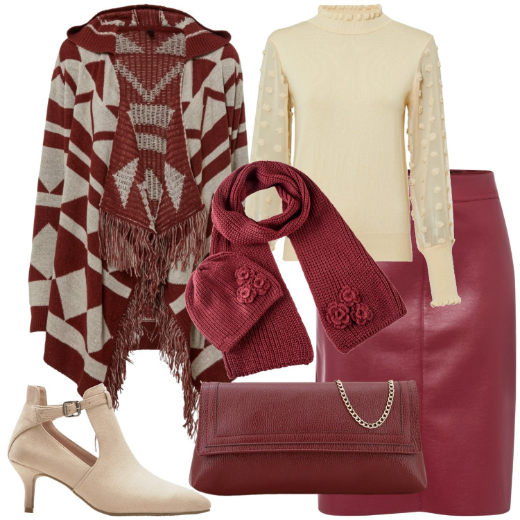 Outfit donna - Total look #1770345. Stile Casual chic per Tutti i giorni. Abbinamento con sciarpe, gonne longuette, maglieria, cardigans, stivaletti, pochette.