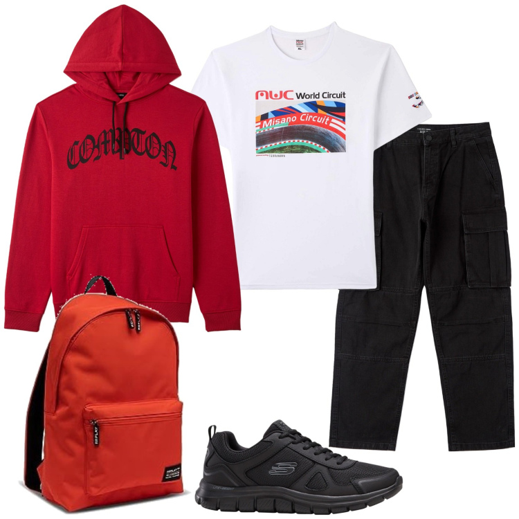 Outfit uomo - Comodo a scuola. Stile Casual per Tutti i giorni. Abbinamento con sneakers, t-shirt, jeans, felpe con cappuccio, borse sportive.