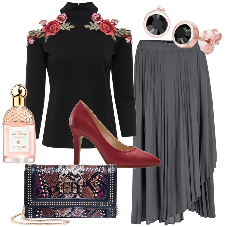Outfit donna - Total look #1770353. Stile Chic per Serata fuori. Abbinamento con maglieria, gonne, décolleté, profumi, pochette, orecchini.
