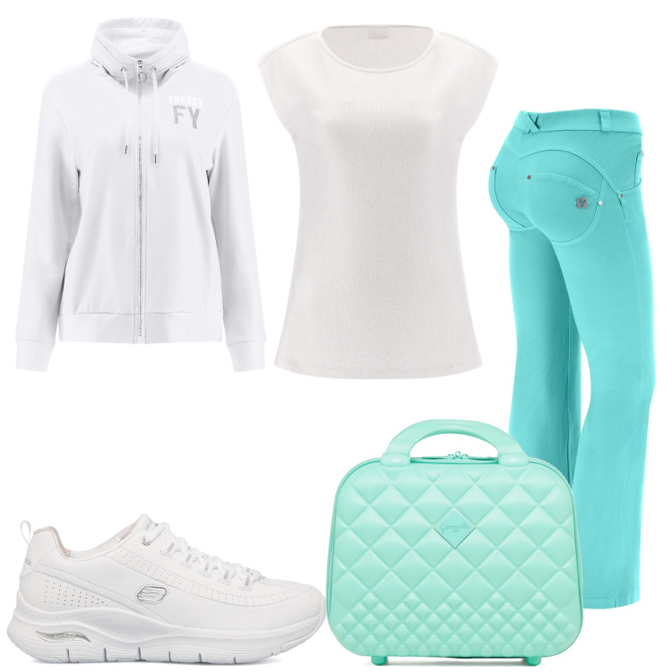 Outfit donna - In palestra in chiaro. Stile Sporty chic per Sport. Abbinamento con pantaloni, felpe, t-shirt, valigie, sneakers.
